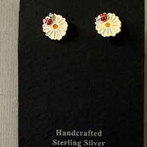 Handcrafted Sterling Silver Daisy Earrings with Red Ladybug
